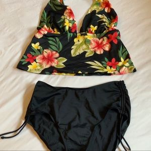 Floral tankini and black bottoms